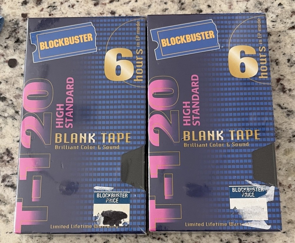 2 Blockbuster Video T-120 Blank VHS Tapes 6 Hours each Sealed 1997 Vintage.