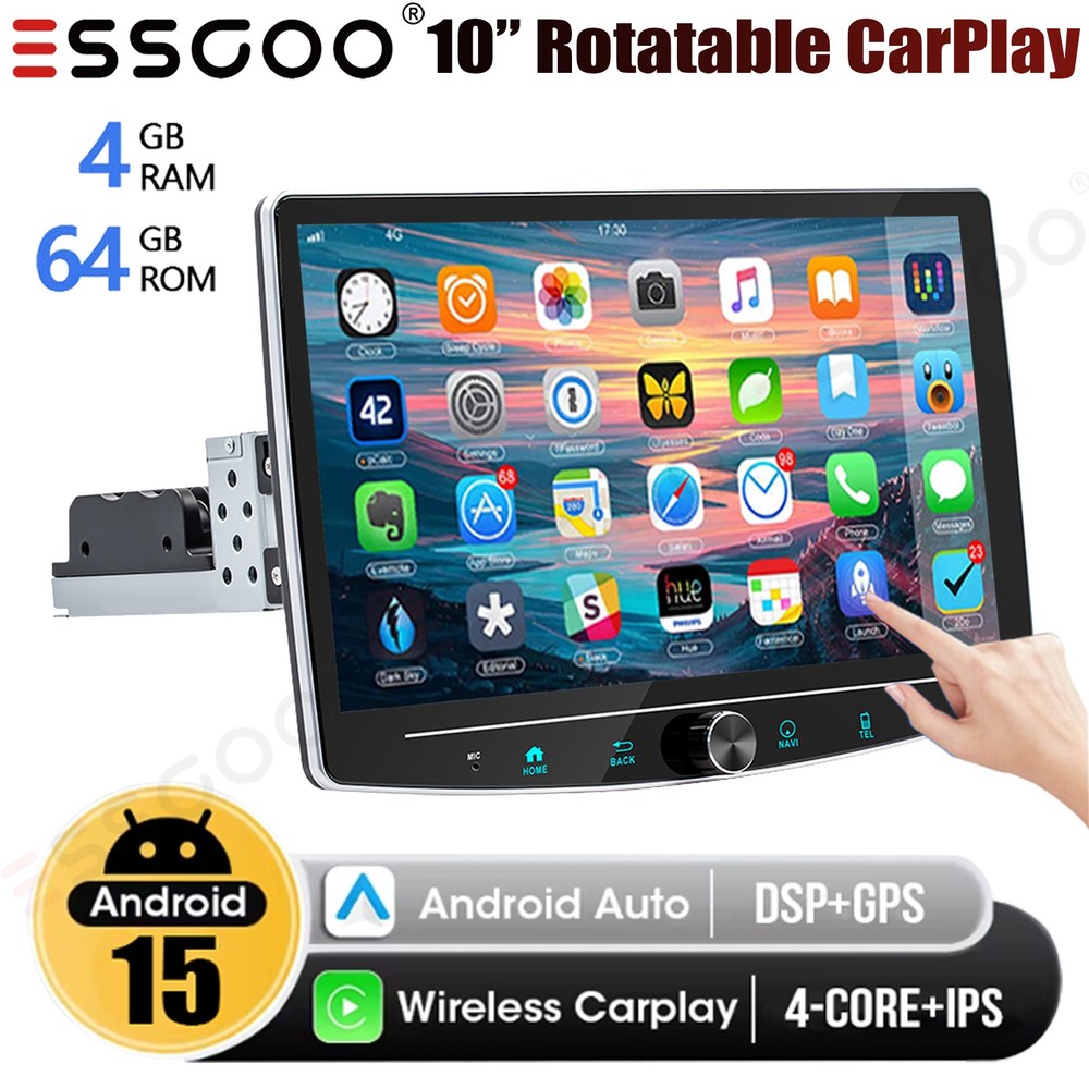 10.1” Single 1Din Android 15 Carplay Rotatable 4+64GB Car Stereo Radio GPS Navi