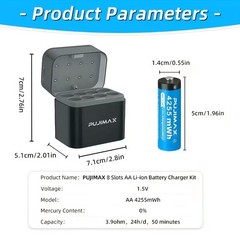 PUJIMAX AA Rechargeable Lithium Batteries 4255mWh 8-Pack w/USB-C Smart Charger