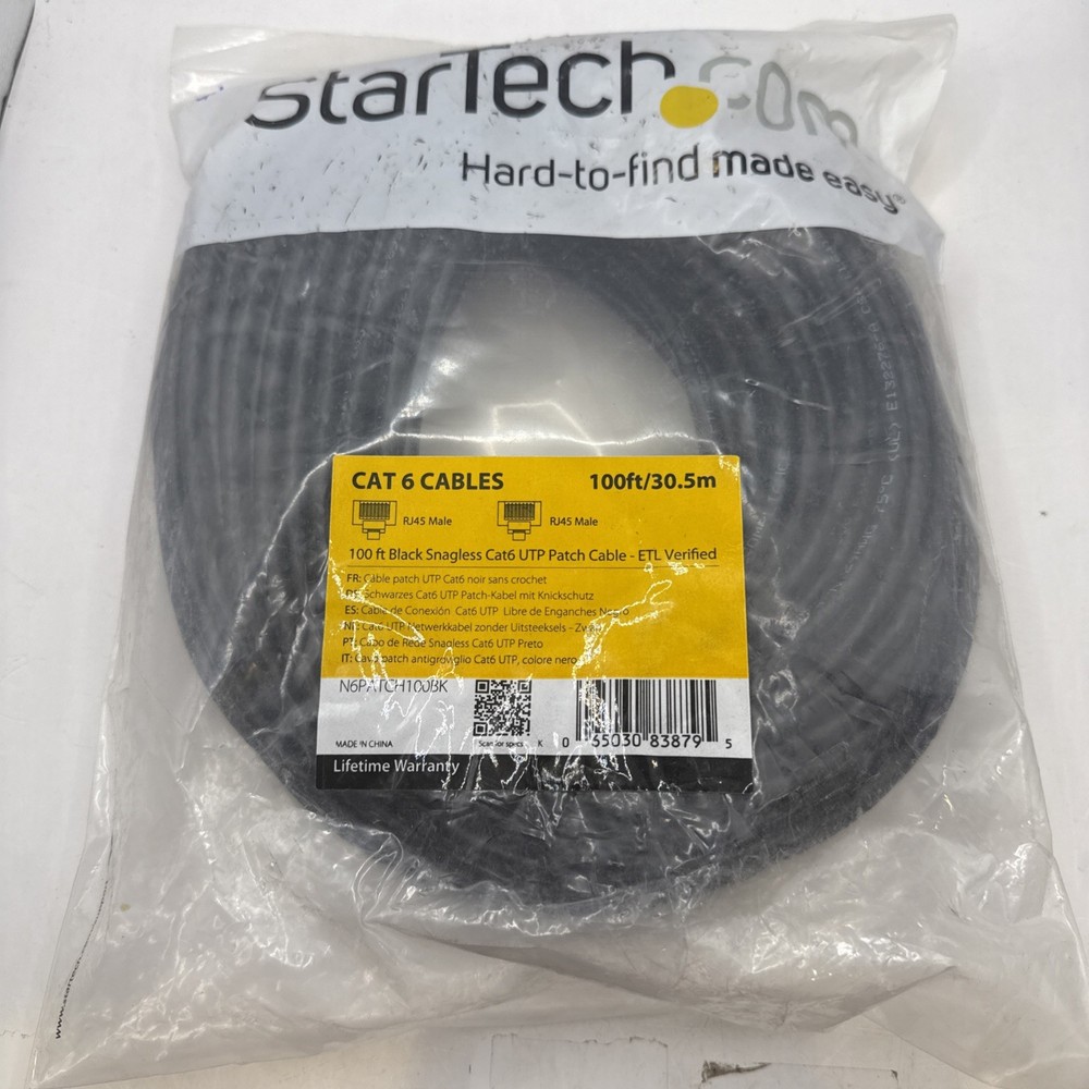 StarTech.com 100ft Black Slim CAT6 Ethernet Cable, Slim Snagless RJ45