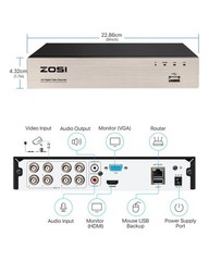 ZOSI H.265+ 8CH/16CH DVR for Security Camera System 1080P Recorder with HDD
