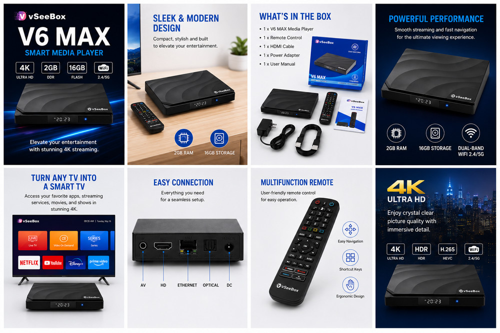 vSeeBox V6 Max Android 14 TV Box with WiFi 6, Backlit Bluetooth Remote, 4GB+64GB