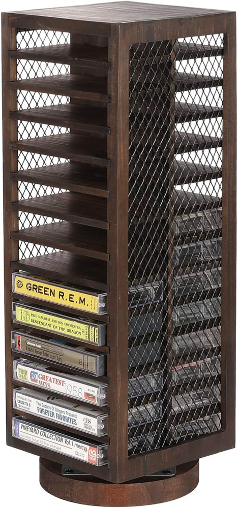 Rotatable Farmhouse Style Cassette Tape Rack, 28-Slot Rustic Wood & Metal Design