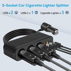 120W 3-Socket Car Cigarette Lighter Splitter Adapter QC3.0/USB3.1A/PD Ports 12V