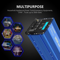 3000Watt Pure Sine Wave Power Inverter 12V DC to 120V AC 4 AC Outlets Dual USB