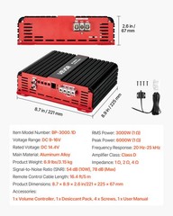 VEVOR Monoblock Car Amplifier Class D Subwoofer Amplifier 3000W RMS 1/2/4 Ohm