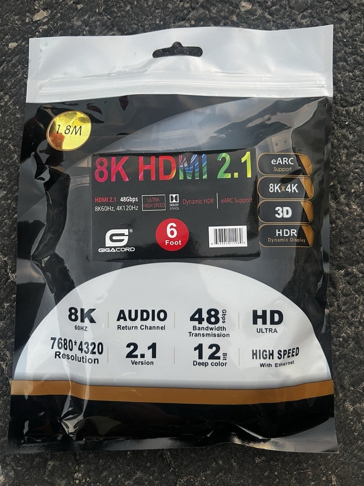 8k HDMI 2.1 Cable Male-Male 48gbps Dynamic Hdr eARC Support High Speed 6 Ft
