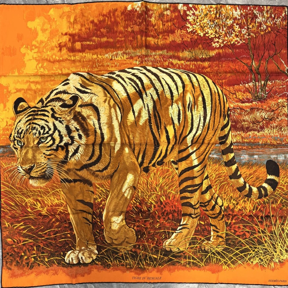 Hermes Calle90 Scarf Bengal Tiger Orange 15541 90cm x 90cm Silk Orange Color Sca