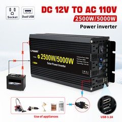 2500W 5000W Power Inverter 12V to 110V Converter With 2USB 3AC LCD Display Black