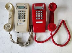 2 Cortelco 2554 Red & Ash Wall Phone Vintage Push Button Bell Ring Retro Mod USA
