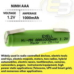 Exell 1.2-Volt Nickel-Metal Hydride Rechargeable Battery with Tabs AAA 1000 mAh