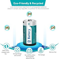 Rechargeable D Size Batteries 4 Pack with USB-C 4 in 1 Charging Cable, 1.5V L…