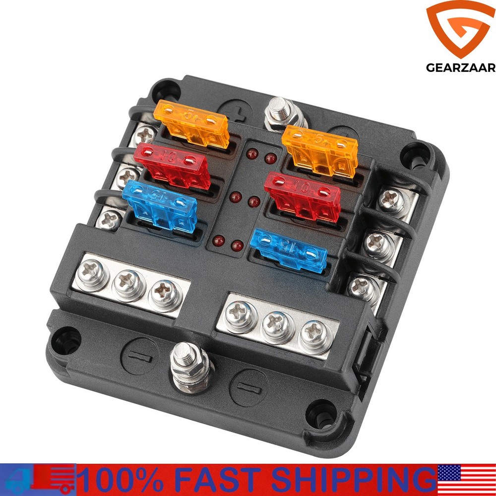 6Way Car Boot Power Distribution 12-24V Blade Fuse Holder Box Block Panel Board