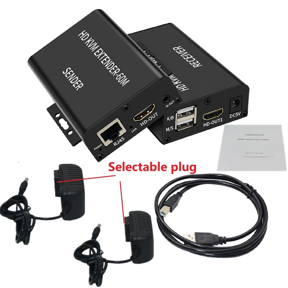 60M Video Extension Hub Adapter HDMI KVM USB-A RJ45 Lan Ethernet Extender