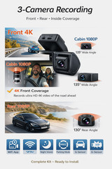 4K 3 Channel Dash Cam Front Rear Inside WiFi GPS Dash Camera Night Vision