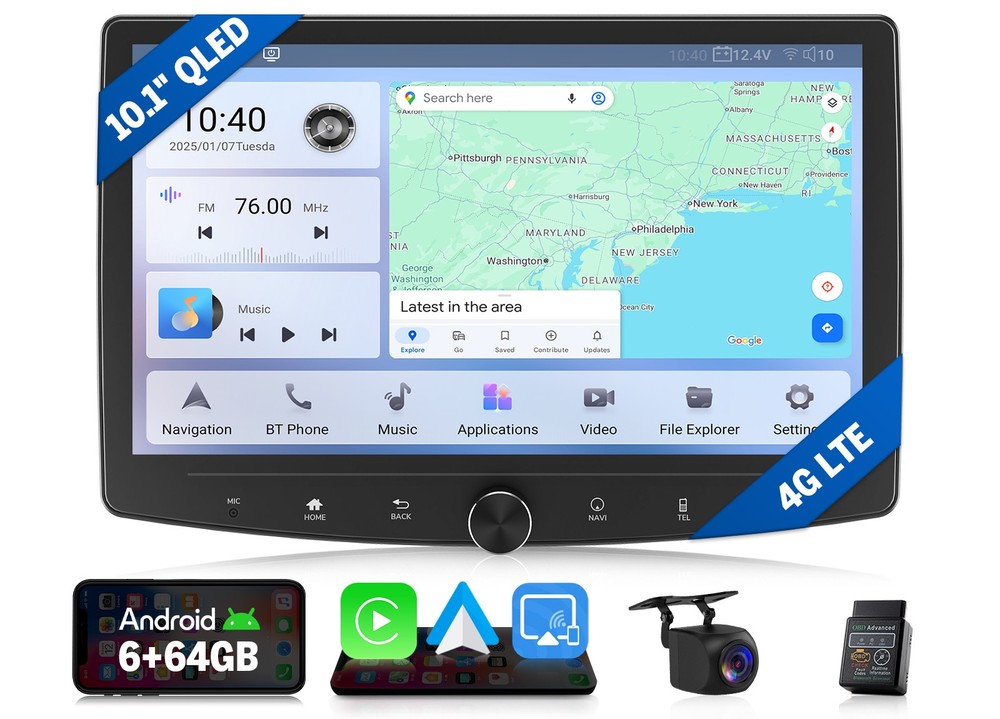 10.1″ QLED Double DIN Car Radio Head Unit Android 13 Wireless CarPlay GPS 4G LTE