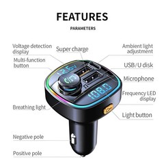 Bluetooth 5.0 Car FM Transmitter Adapter, Hands-Free, USB Charger, AUX Audio