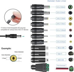 5V1A AC Adapter DC5V Power Supply Cord with 11 Plug Tips AC to DC 5Volt 1A 500mA