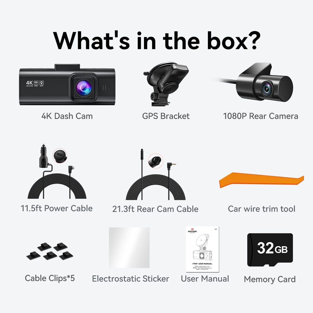 REDTIGER 4K Dash Cam 32GB SD Card Front and Rear Dual Dash Camera WIFI&GPS