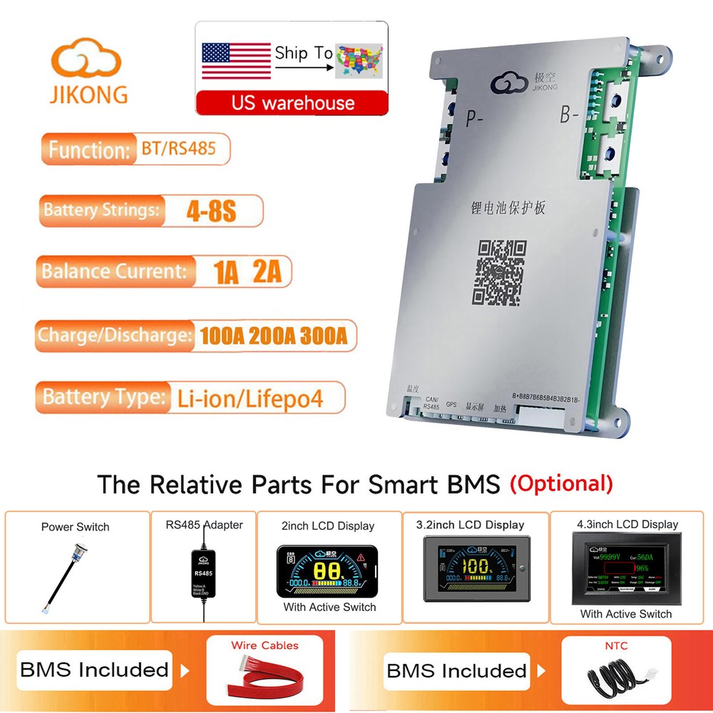 JK 4S-8S 100A-300A Li-ion LiFePo4 SmartBMS 1A-2A Active Balance BT/RS485/LCD lot