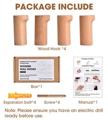 Beech Wood Wall Hooks, 4 Pack Heavy Duty Coat Hooks – Farmhouse Rustic Entryway
