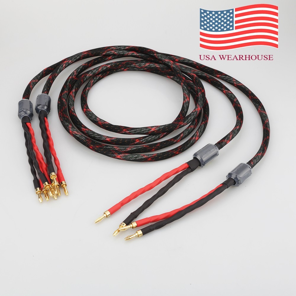Pair HiFi Audio Bi-wire 16Cores OFC Copper Speaker Cable 2 to 4 Banana Plug