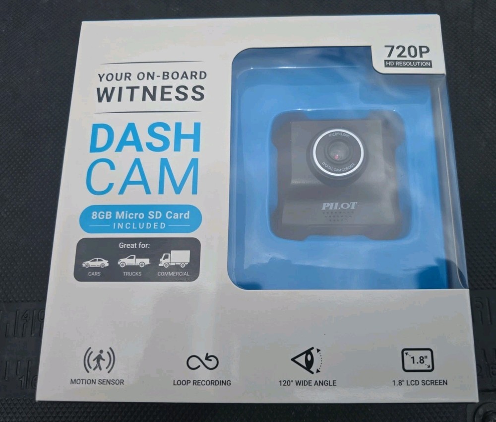 Pilot Automotive 720p Dash Cam With Mount & 8GB SD Card, New in Open Box