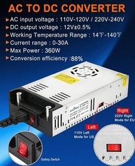 Universal 110V to 12V AC/DC Power Converter, 30A, 360W with Smart Cooling