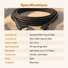 6FT Micro HDMI Type D to HDMI Cable 4K Cord for Tablet Laptop Lenovo Yoga ASUS