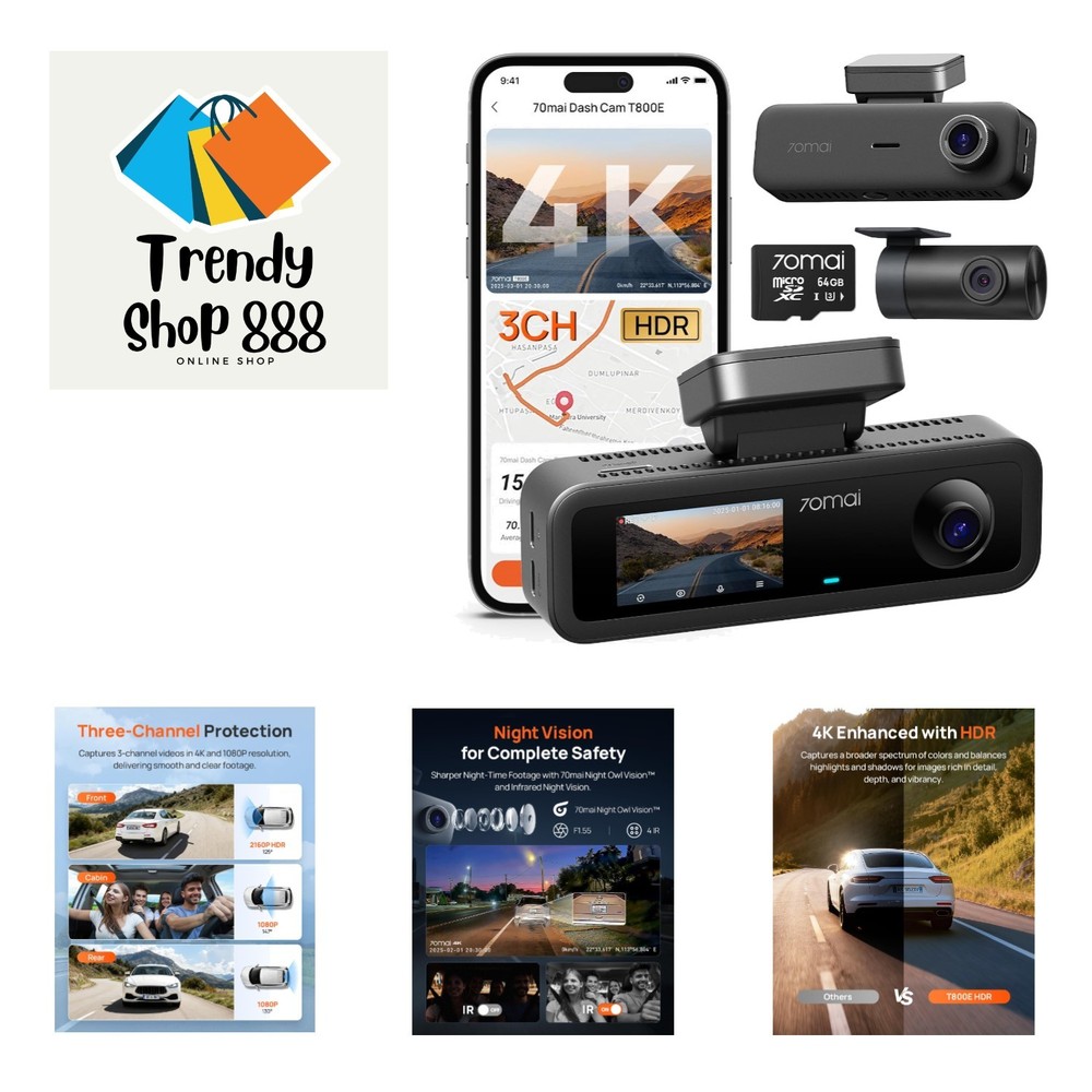 4K Ultra HD Dash Cam with 3-Channel Recording & Night Vision (64GB Included)