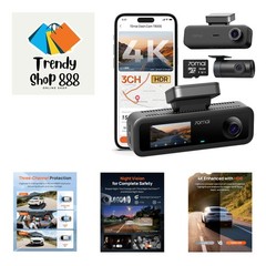 4K Ultra HD Dash Cam with 3-Channel Recording & Night Vision (64GB Included)