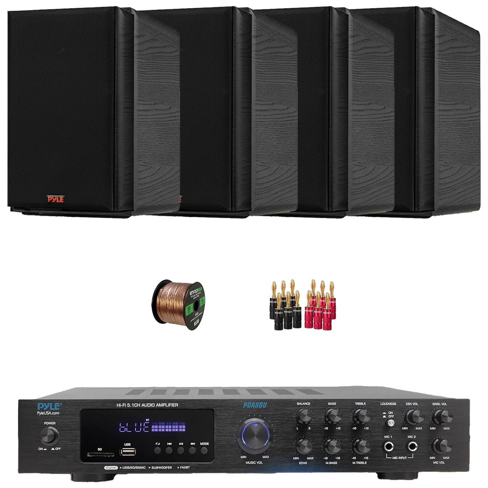 Pyle Home Audio MP3 AUX Receiver, 4x 5.25” 200W Bookshelf Speakers, Banana Plugs