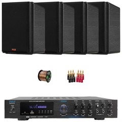 Pyle Home Audio MP3 AUX Receiver, 4x 5.25” 200W Bookshelf Speakers, Banana Plugs