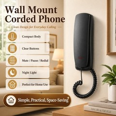 Corded Black Landline Phone Desk Wall Mountable Telephone Home Office Wired