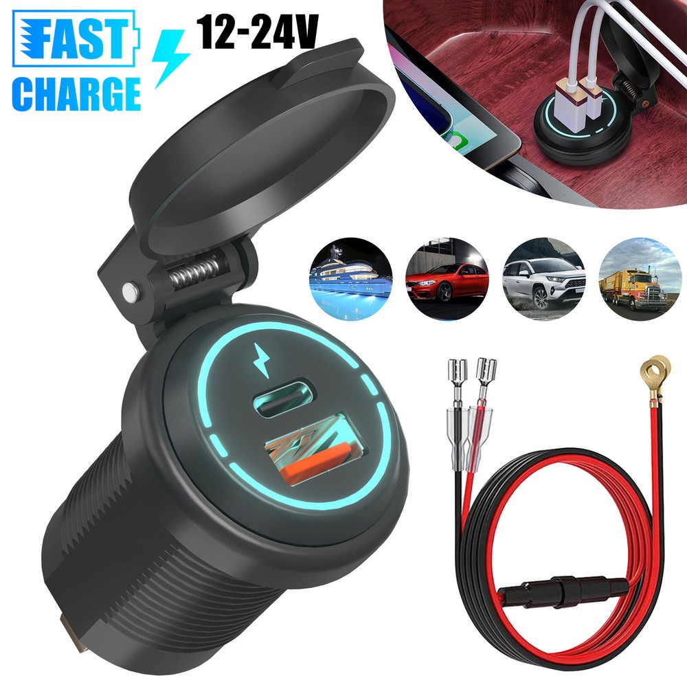 USB + Type C Car Cigarette Lighter Socket Fast Charger Power Adapter Waterproof