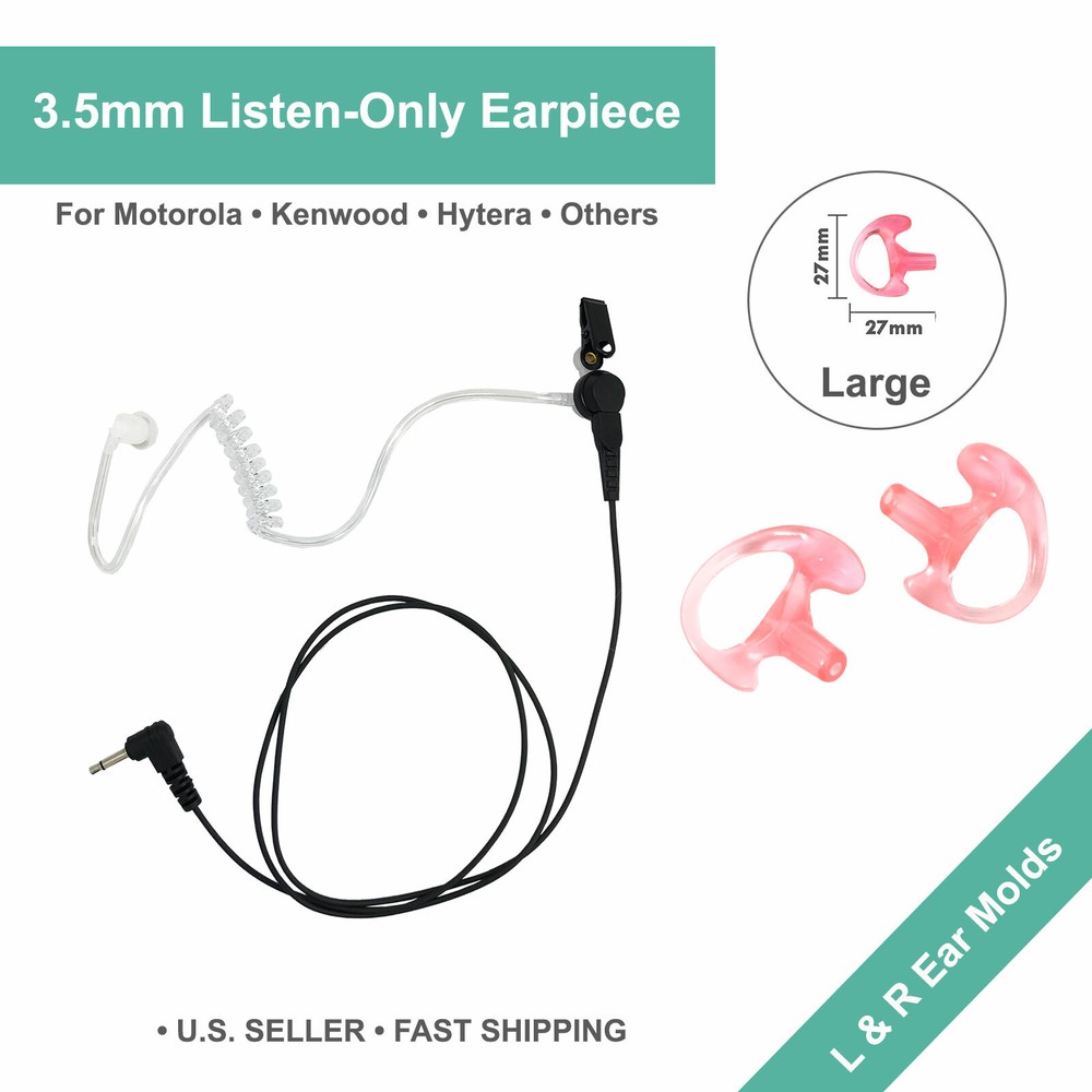 3.5mm Listen-Only Acoustic Earpiece w/ Ear Mold for Motorola/Kenwood Speaker Mic