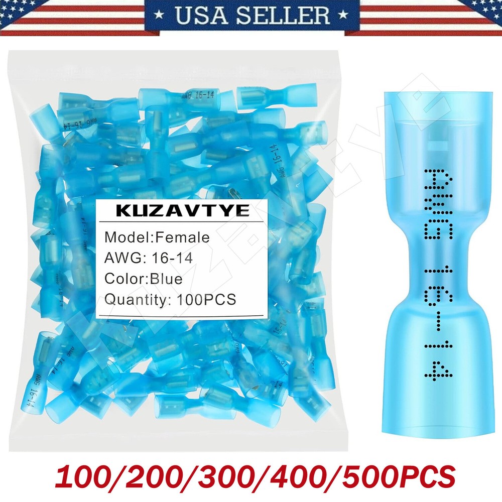 100-500X Spade Heat Shrink Wire Connectors 16-14 AWG Female Crimp Terminals Blue