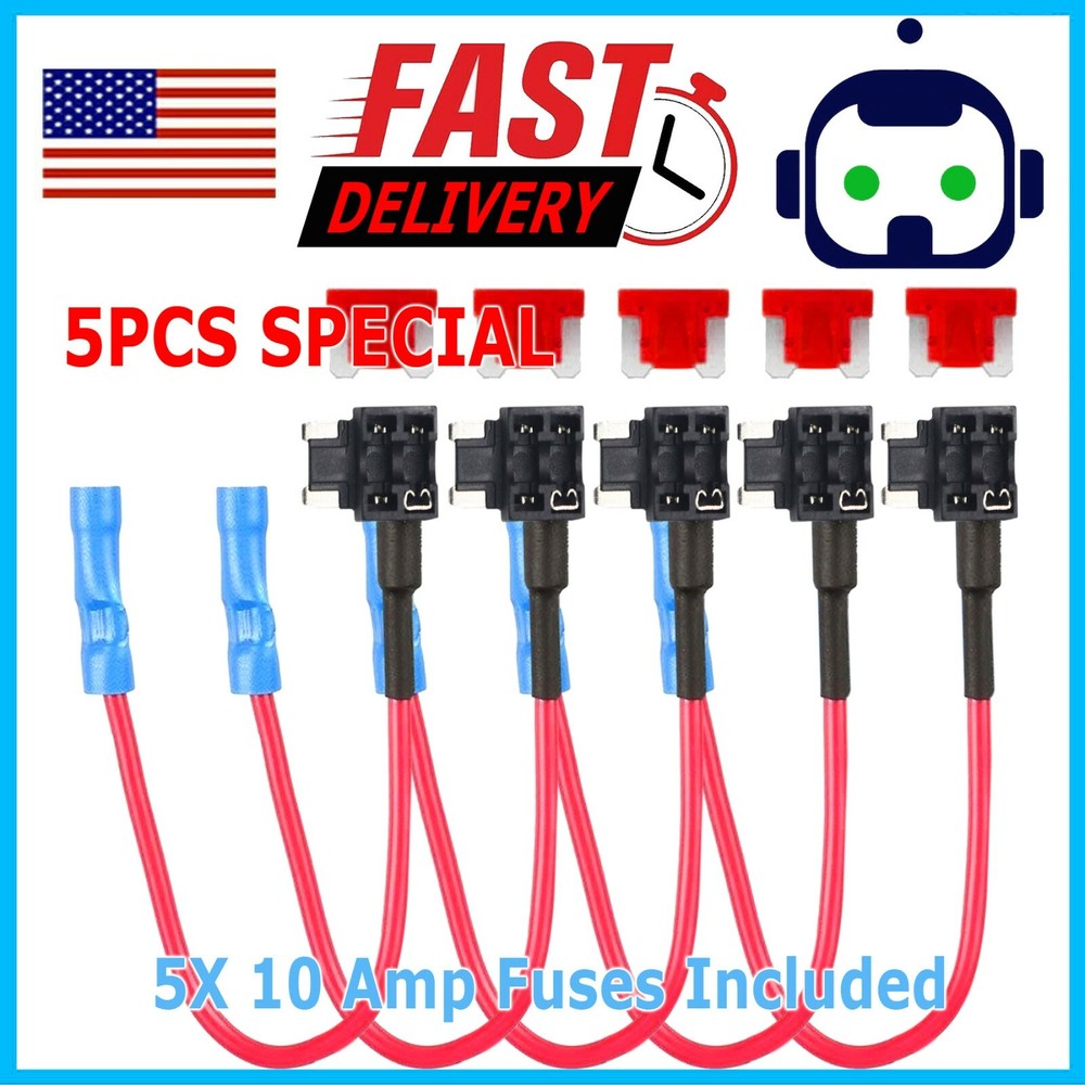 5 PCS Set Add Circuit 10Amp Blade Style Low Profile Mini Fuse Holder Fuse Tap