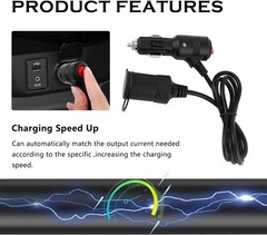 3Ft Car Cigarette Lighter Extension Cord with On Off Switch & Dust 1 Tuo 1 or 2