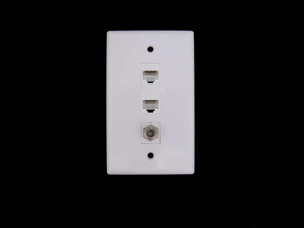 Single 1-Gang 2 Port CAT6 RJ45 Ethernet F type Coax Cable TV Wall Plate White