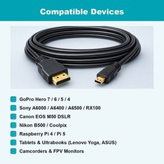 Micro HDMI to HDMI Cable 6FT 4K HD Cord for GoPro Sony Canon Nikon Camera Pi