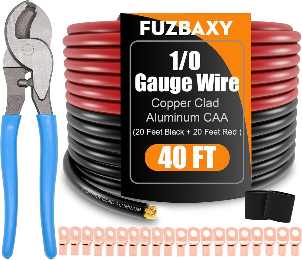 AWG 1/0 Battery Cable,0 Gauge Wire (20 Feet Black+20 Feet Red) Copper Clad Alumi