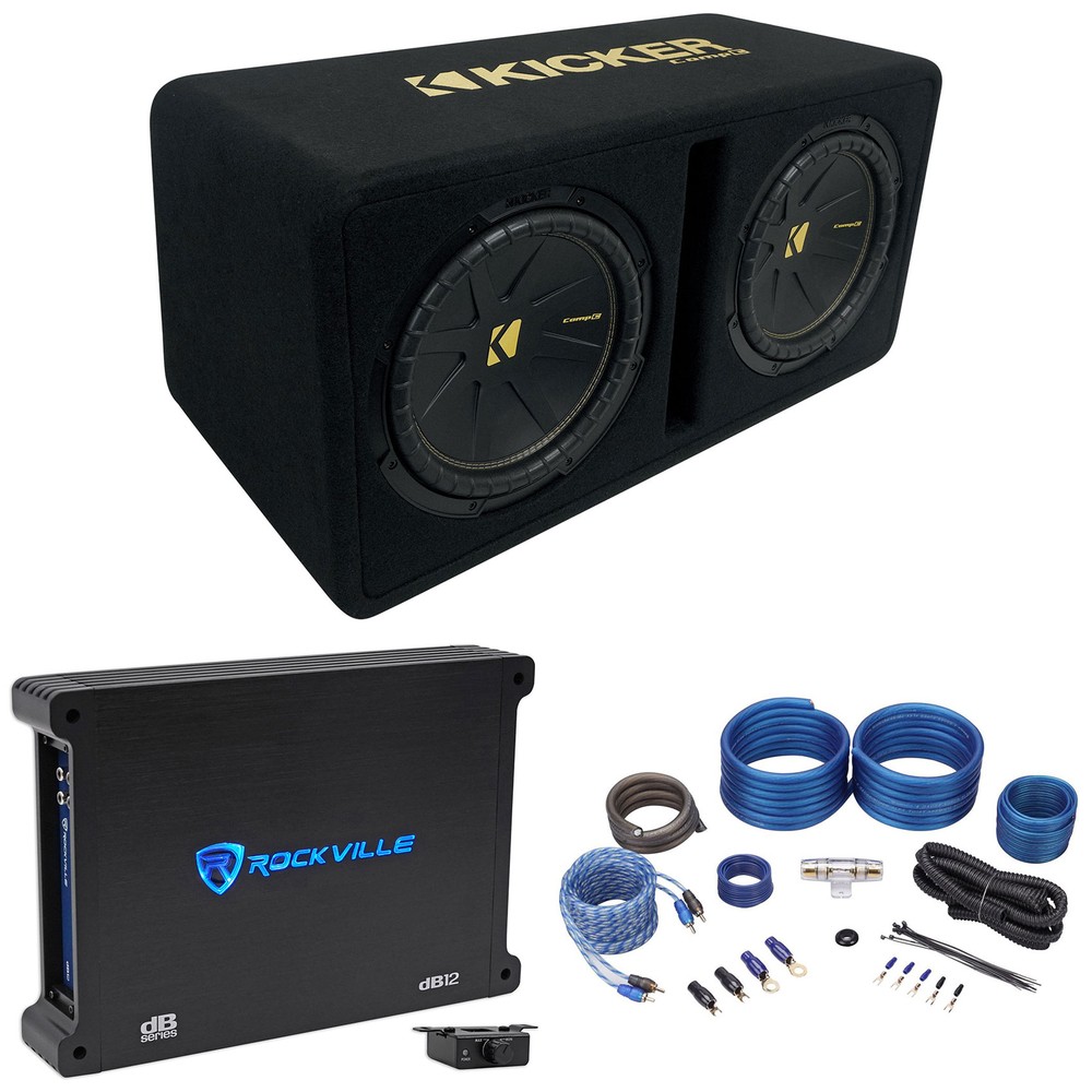 Kicker 50DCWC122 Dual 12″ Subwoofers+Vented Sub Box+Mono Amplifier+Wires DCWC122