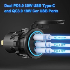 12-24V 3 Port Fast Car Charger PD & QC3.0 USB-C Outlet Socket for RV Marine Boat