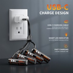 EBL Rechargeable 1.5V AA AAA Lithium Batteries USB Charging Li-ion Battery Lot