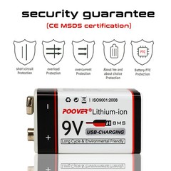 4*1200mAh 9v Battery USB Rechargeable Lithium 6f22 PP3 Block 9volt Li-ion MN1604