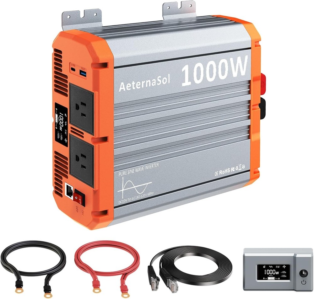 1000W Inverter Pure Sine Wave Power 12V to 110V/120V, 2 AC USB&Type-C 30W, 2 LCD