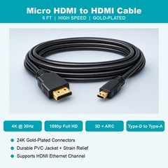 Micro HDMI to HDMI Cable 6FT 4K High Speed for Canon EOS M50 Nikon DSLR Camera