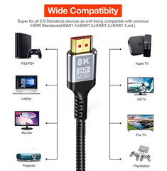 8K HDMI 2.1 Braided Cable 48Gbps 4K@120Hz HDR eARC VRR Gold Plated Gaming HDTV