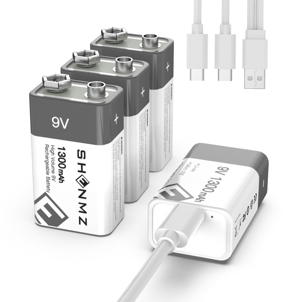 4-Count 9 Volt Battery 9V Block Rechargeable Batteries 1300mAh F smoke detectors